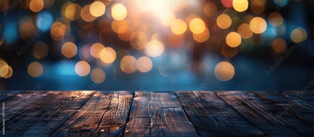 Poster dark wooden table against blurred bokeh background for product display with copy space image.
