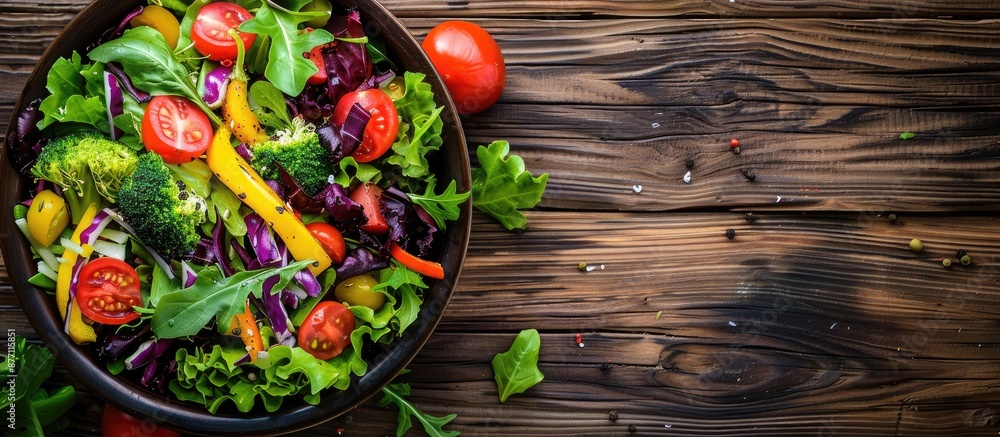 Poster a nutritious salad featuring fresh vegetables and fruits displayed on a dark wooden surface with amp