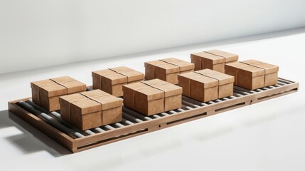 Obraz premium Brown Cardboard Boxes on Wooden Conveyor Belt