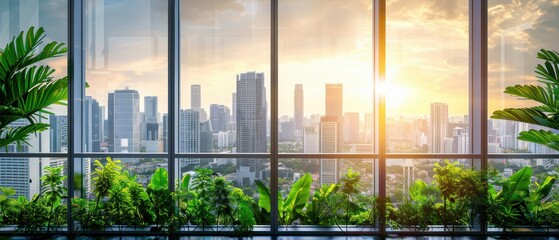 Modern cityscape view through large windows with sunrise and green plants, highlighting urban living and nature integration.