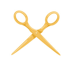 Opened scissors cartoon clipart. Vector flat gold shears. Isolated hand drawn illustration of paper cutters. Simple template for print and web design on white background.