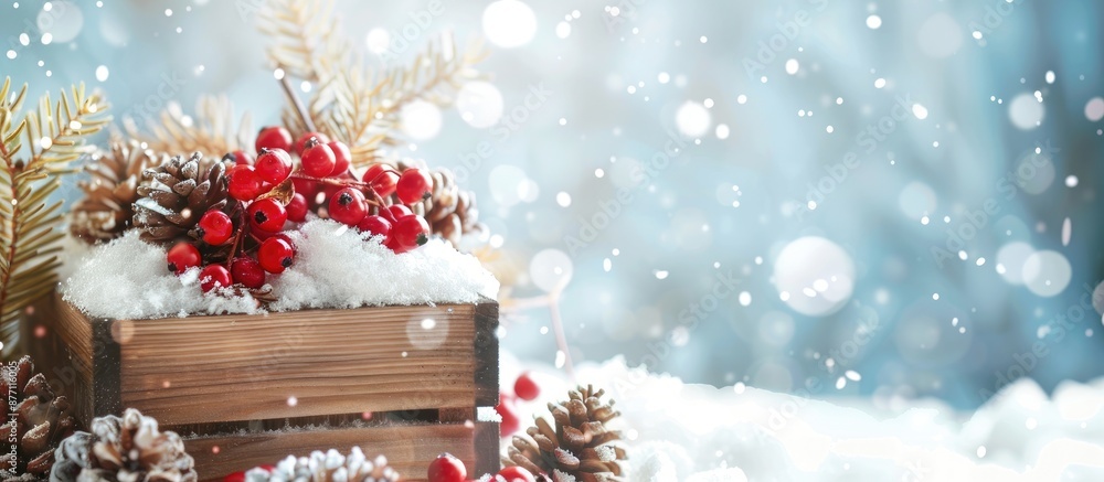 Poster snowy christmas box with rowan berries and pine cones, perfect for a festive copy space image.
