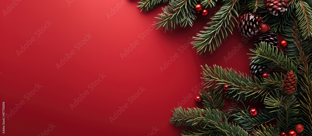 Aufkleber Christmas tree branches decorated beautifully against a red backdrop with a space for text within the image.