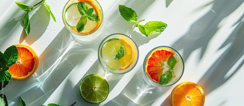 Poster white background with sunlight shadows creates a backdrop for refreshing summer drinks like red oran