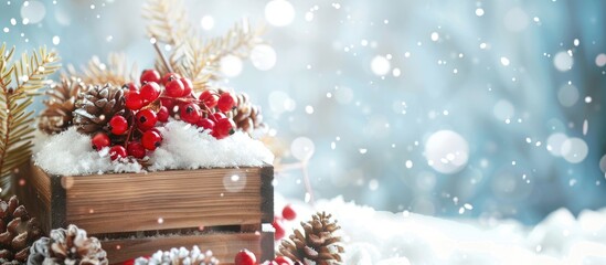 Snowy Christmas box with rowan berries and pine cones, perfect for a festive copy space image.