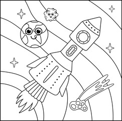 Coloring page. Rocket, meteor, Earth. Black and white space. Vector