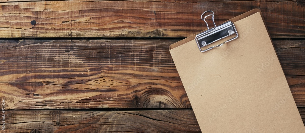 Poster education and business-themed reminder note paper displayed on a wooden background with a clip for a