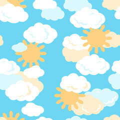 Boho kids seamless pattern in simple hand drawn flat style. Cute elements of clouds and sun on a blue background. Nursery vector illustration.