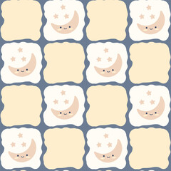 Kids seamless pattern in hand drawn scandinavian style. Cute simple elements of moon, stars, clouds in pastel palette. Vector nursery illustration.