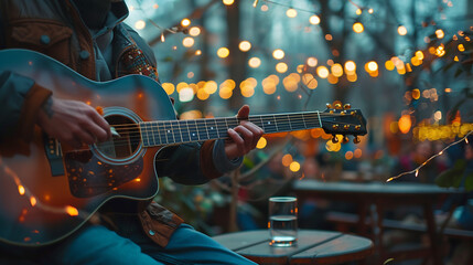 man playing acoustic guitar in an outdoor cafe, surrounded by string lights and fairy light decorations