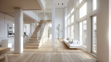 Obraz premium Modern, bright, open-concept living space with large windows, wooden floors, minimalist furniture, and elegant staircase design.