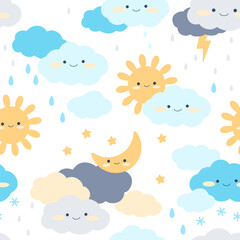 Seamless pattern with cute characters. Kawaii sun, moon, stars, clouds, snow and rain drops on a white background. Vector illustration for printing kids paper, fabric, textile.