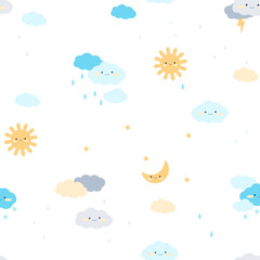 Seamless pattern with cute characters. Kawaii sun, moon, stars, clouds, snow and rain drops on a white background. Vector illustration for printing kids paper, fabric, textile.