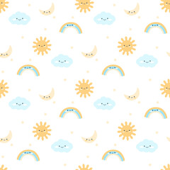 Kids simple hand drawn flat style seamless pattern. Cute elements of clouds with rain drops, rainbow, sun and moon on a white background. Nursery vector illustration in delicate palette.