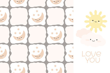 Cartoon weather characters pattern and design element set. Sun, moon, clouds. Collection for childrens nursery design. Cartoon vector Illustration.
