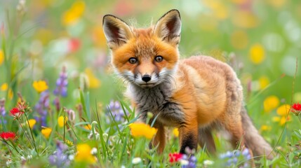 Fototapeta premium A tight shot of a small fox among fields of blooming flowers and lush grasses in the backdrop