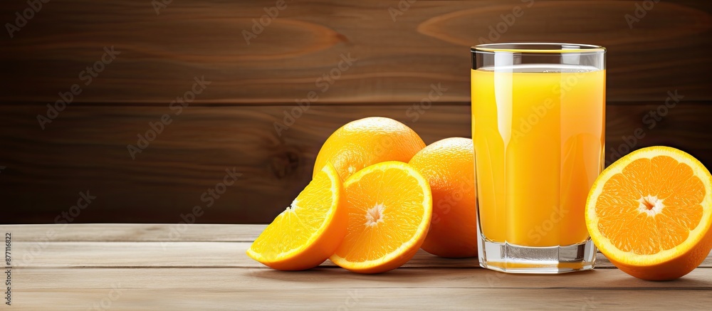 Poster glass of orange juice with slices on a wooden table against a bright backdrop, ideal for copy space 