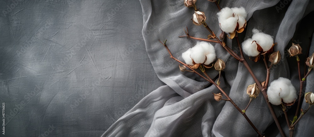 Poster Grey fabric backdrop featuring a cotton flower with copy space image.