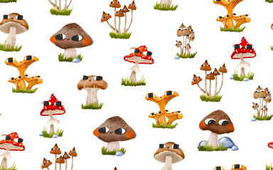 Obraz premium Seamless pattern with mushrooms. Mycelium of red fly agaric mushrooms, toadstools and chanterelles. Cute hand drawn cartoon illustration on isolated background. Endless background