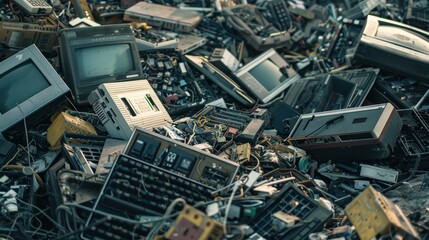 Pile of discarded electronic waste including old TVs, keyboards, and other devices in a recycling facility or dump site