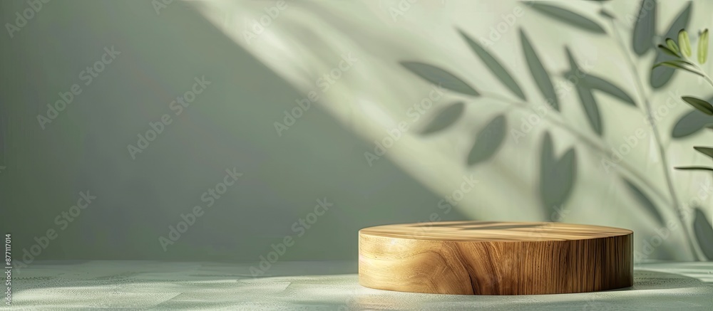 Poster minimalistic wooden podium placed on a pale green backdrop with interplay of light and shadows creat