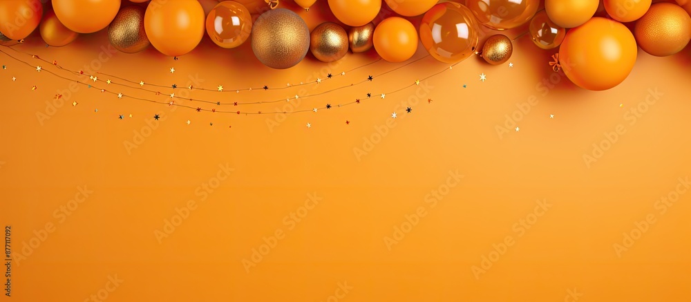Poster Flat lay composition with various party decorations framing a copy space image on an orange background.