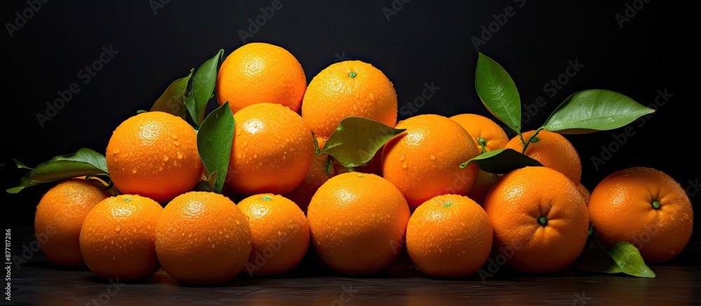 Poster a variety of plump tangerines arranged on a dark backdrop with space for text or images.