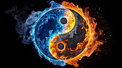  Yin and Yang symbol in fire and ice with smoke and spark effect