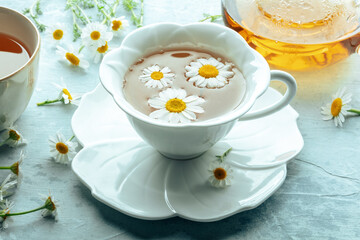 Chamomile flower tea. A tea cup and a tea pot with fresh medicinal flowers, natural organic remedy. Healthy drink, healing and soothing, with fresh blossoms