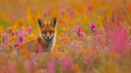 Naklejka premium A red fox gazes curiously at the camera amidst a field of wildflowers