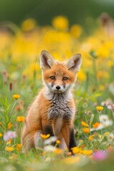 Fototapeta premium A young fox gazes at the camera, surrounded by a field of wildflowers, expressing a curious look