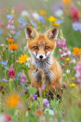 Obraz premium A tight shot of a baby fox amidst a blooming field of wildflowers, the backdrop softly blurred