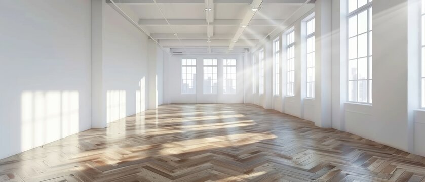 Spacious, sunlit industrial loft with large windows, white walls, and beautiful wooden floors, perfect for studios, events, or workspace.