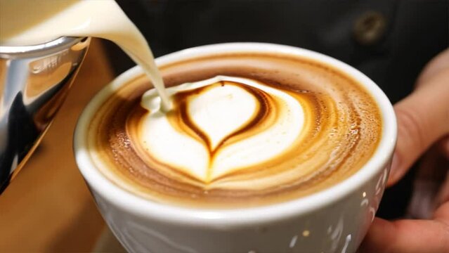 Steaming hot coffee drink in a mug, could be cappuccino with its milk foam or latte with a chocolate drizzle