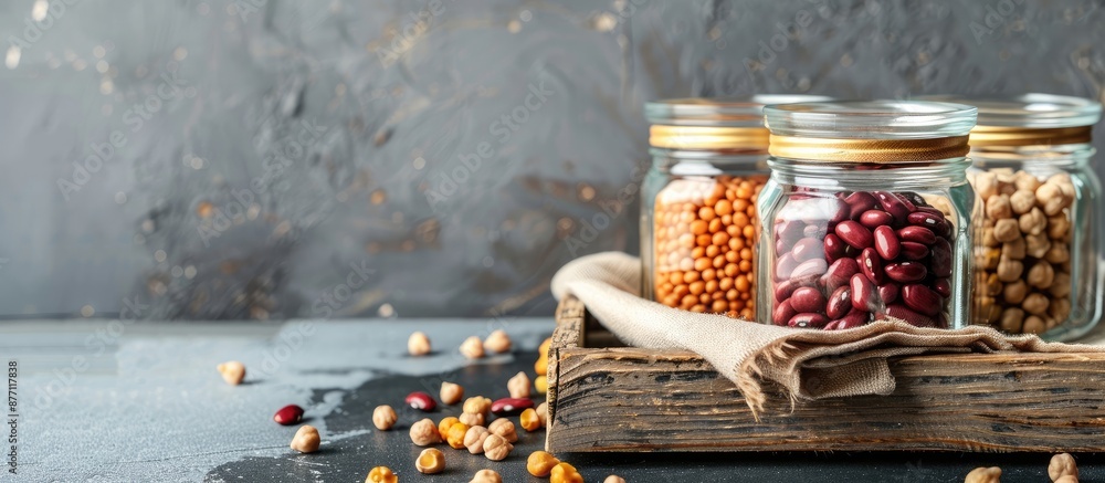 Poster displaying a healthy food concept, jars filled with kidney beans and chickpeas on a wooden tray agai