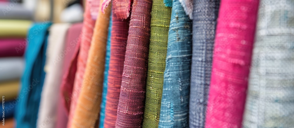 Poster Close-up image displaying various colored cloth and fabric samples at a market stall with copy space image.