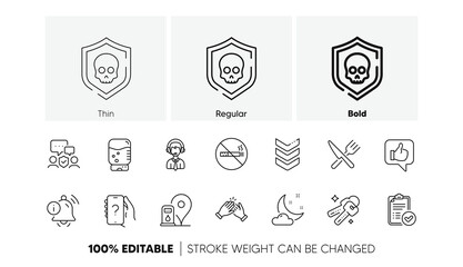 Petrol station, Water cooler and No smoking line icons. Pack of Security agency, Shipping support, Clapping hands icon. Approved report, Cyber attack, Night weather pictogram. Line icons. Vector