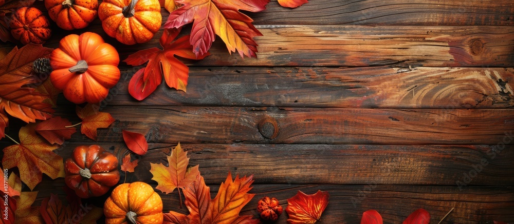 Aufkleber A fall-themed setting with colorful leaves and pumpkins on a wooden surface, suitable for adding text or other visuals in the copy space image.