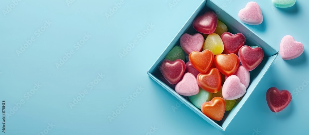 Poster delicious heart-shaped candies in a box on a light blue backdrop with copy space image available.