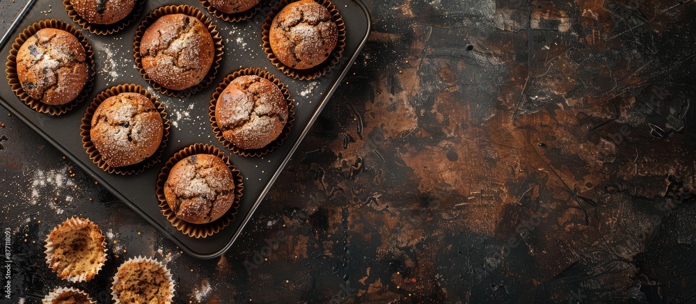 Aufkleber dark background with tasty poppy seed muffins in a baking tin, perfect for a copy space image.