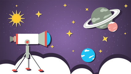 The telescope stands on a cloud and observes the planets and the cosmos a flat illustration of childrens doodles