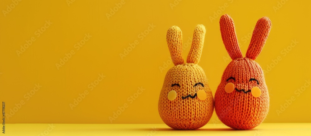 Poster copy space image featuring two eggs in an orange knitted beanie with rabbit ears and happy faces on 
