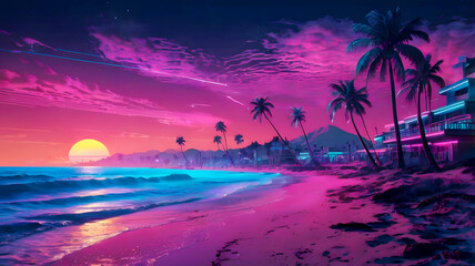 Aesthetic beach synthwave retrowave wallpaper with a cool and vibrant neon design, Generative AI