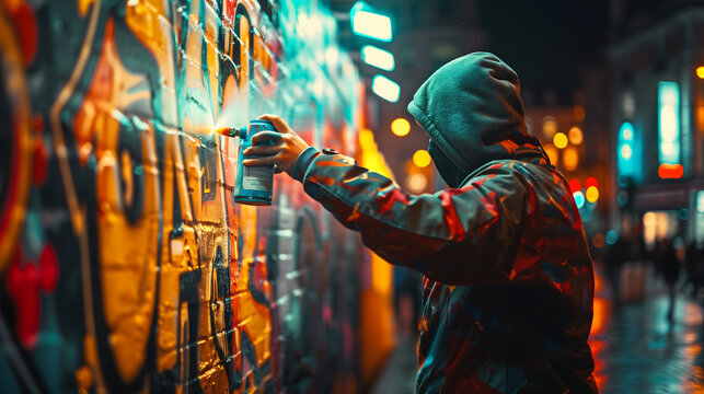 graffiti artist spray painting with a can of paint on a wall  city street at night