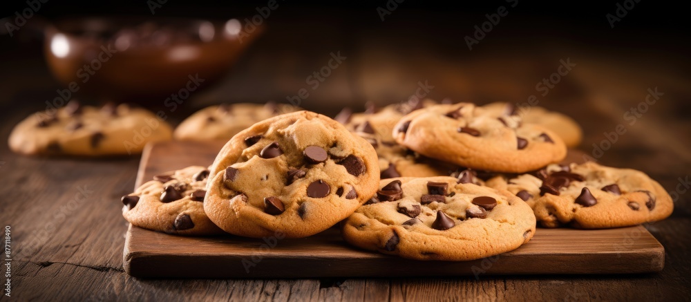 Aufkleber freshly baked chocolate chip cookies displayed on a dark, old wooden table with room for text in the