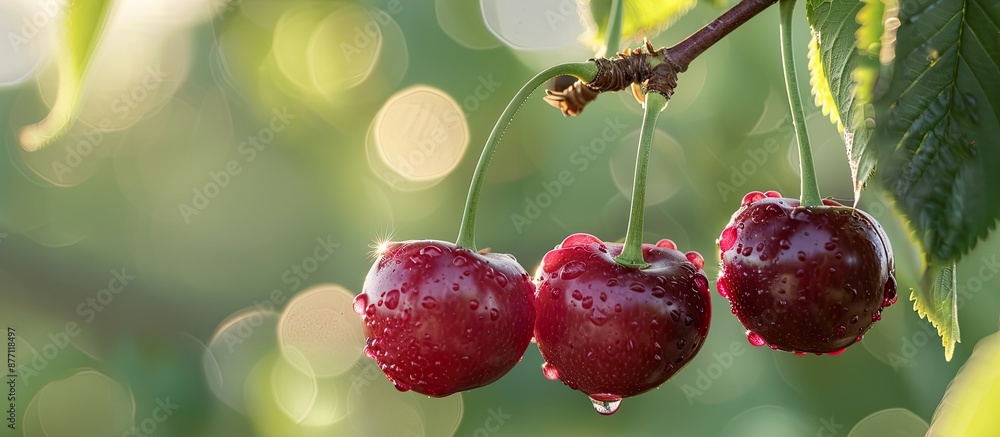Poster a close-up outdoor shot featuring three ripe cherries on a branch, with ample copy space image avail