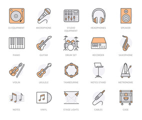 Musical instruments flat line icons set. Dj equipment, sound recording studio, piano, guitar, saxophone vector illustration. Outline pictogram for music store. Orange color. Editable Strokes