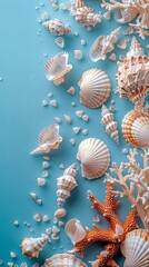 Obraz premium Sea shells in white and brown hues with coral design floating above a lively blue backdrop, representing holiday travels with copy space image