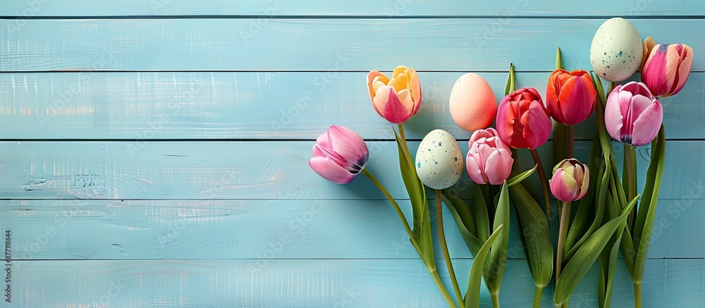 Sticker top view of colorful pastel easter eggs with a tulip bouquet on a light blue wooden surface in a sim