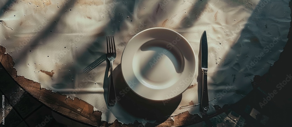 Aufkleber top-down view of a table setting featuring white plates, a fork, and a knife, ideal for a 'copy spac